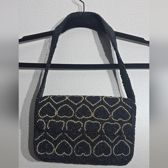 Studio Handbags - Studio Black and Gold Heart Pattern Shoulder Bag